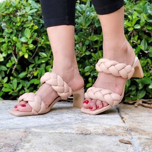 Women's Nude Double Braided Square Toe Mule Low Heel Sandal - Picture 2 of 3